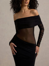 Load image into Gallery viewer, Belamour | Black Semi-Sheer Bardot Gathered Maxi Dress
