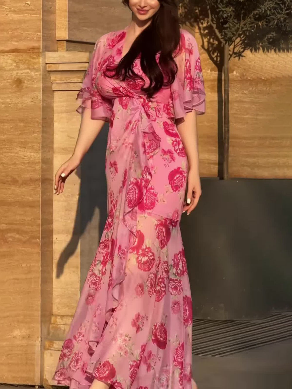 Retro V-neck trumpet sleeve printed dress -yoostudio