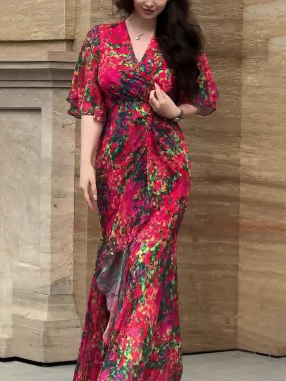 Retro V-neck trumpet sleeve printed dress -yoostudio