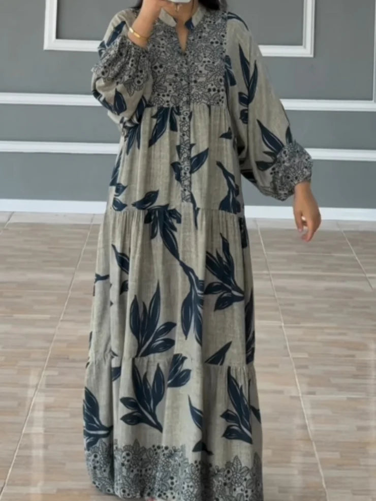 Printed lantern sleeves loose dress