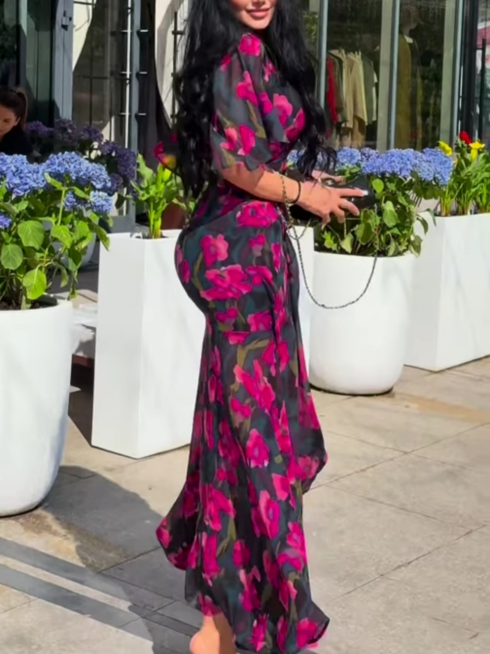 Retro V-neck trumpet sleeve printed dress -yoostudio