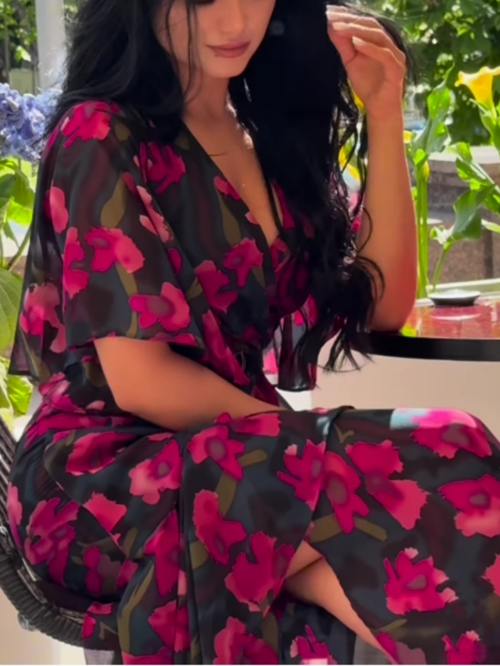 Retro V-neck trumpet sleeve printed dress -yoostudio