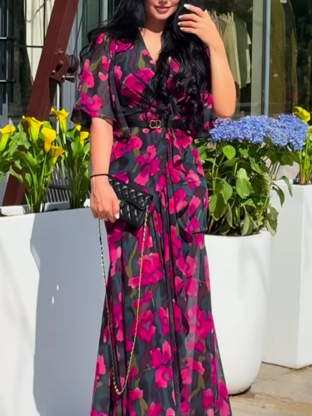 Retro V-neck trumpet sleeve printed dress -yoostudio