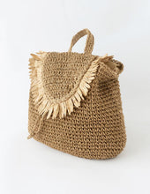 Load image into Gallery viewer, Caramel Fringed Trim Woven Straw Backpack
