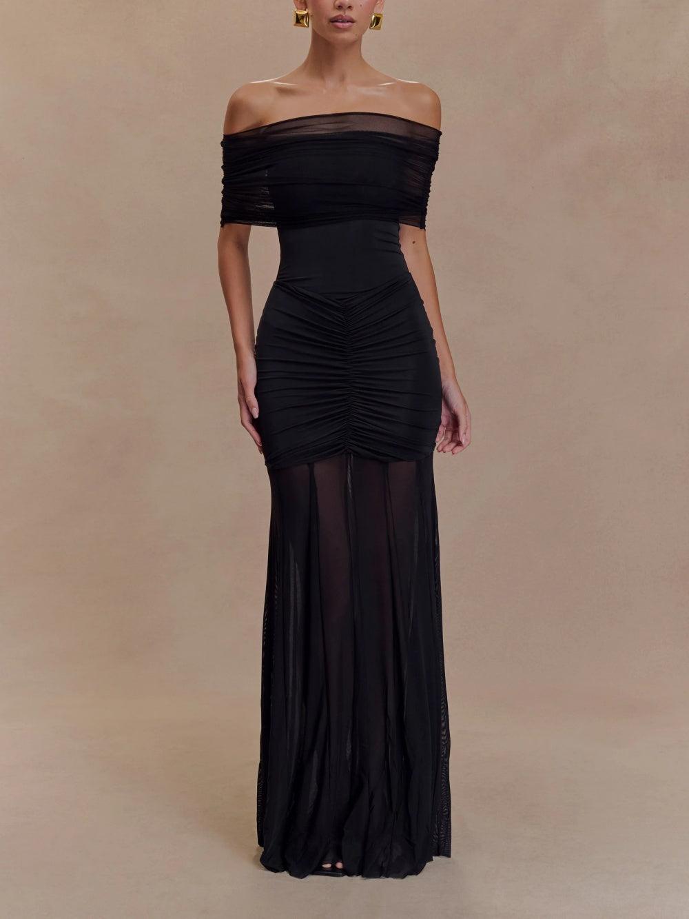 Caspian Slinky And Mesh Off Shoulder Maxi Dress