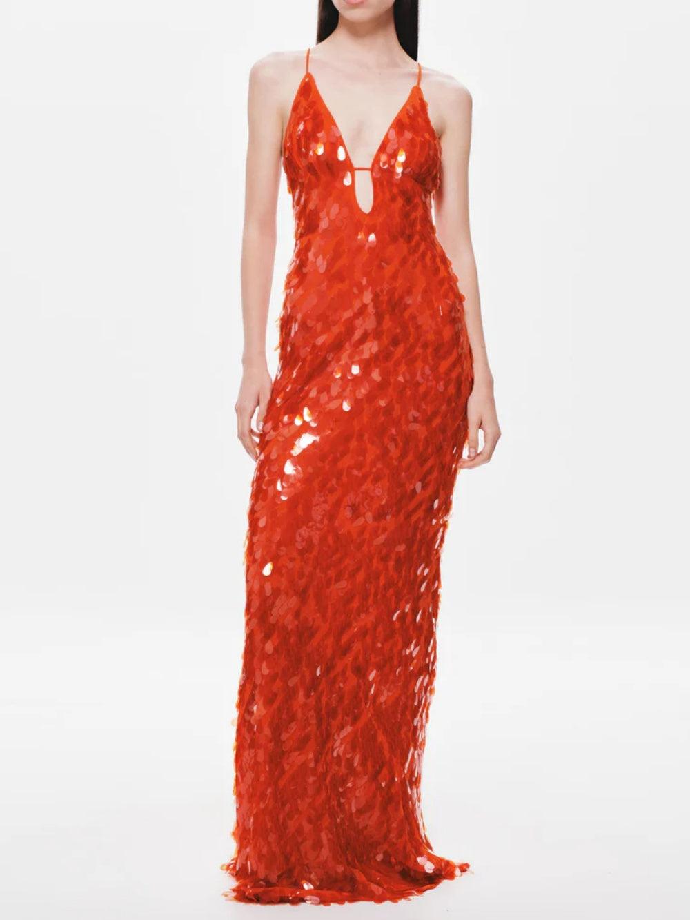 Low-cut hollow strap backless sequined dress