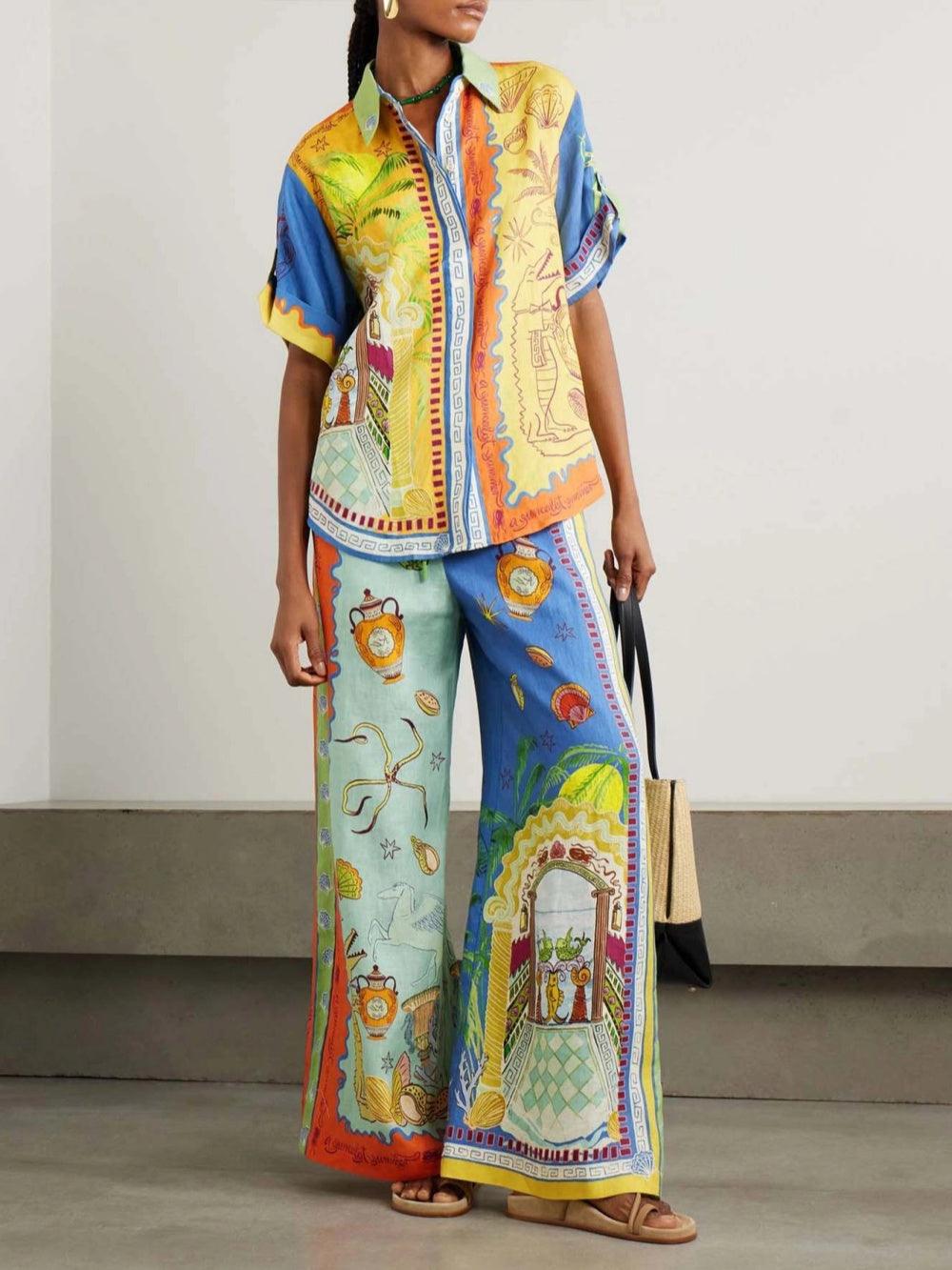 Summer Fantasy Print Short Sleeve Loose Top + Pants Set