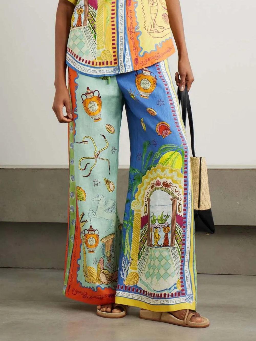 Summer Fantasy Print Short Sleeve Loose Top + Pants Set
