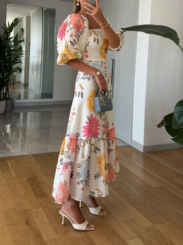 Square Neck Floral Print Puff Sleeve Midi Dress -yoostudio
