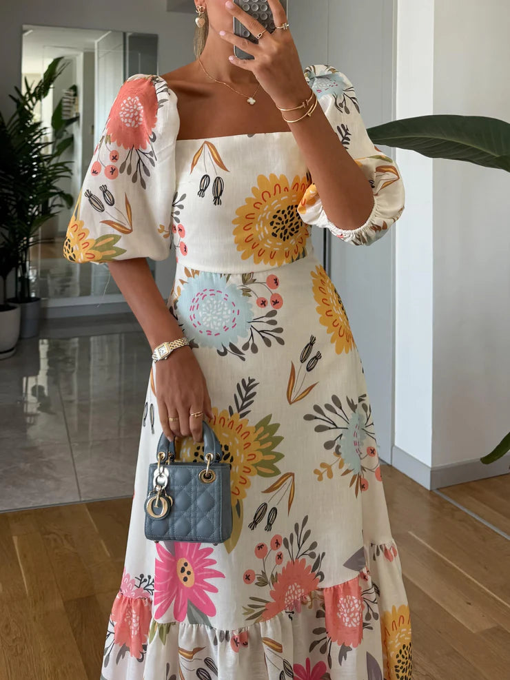 Square Neck Floral Print Puff Sleeve Midi Dress -yoostudio