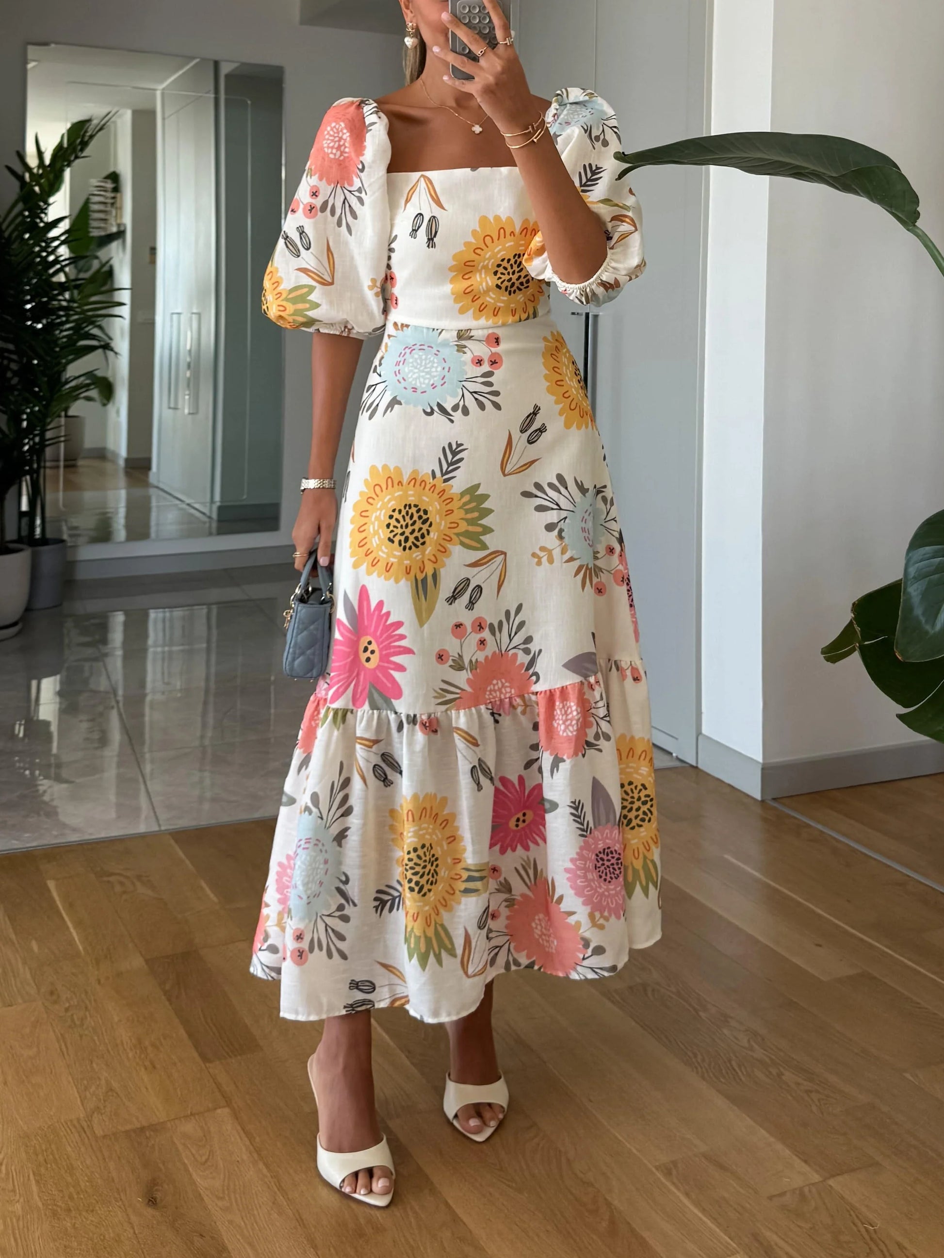Square Neck Floral Print Puff Sleeve Midi Dress -yoostudio