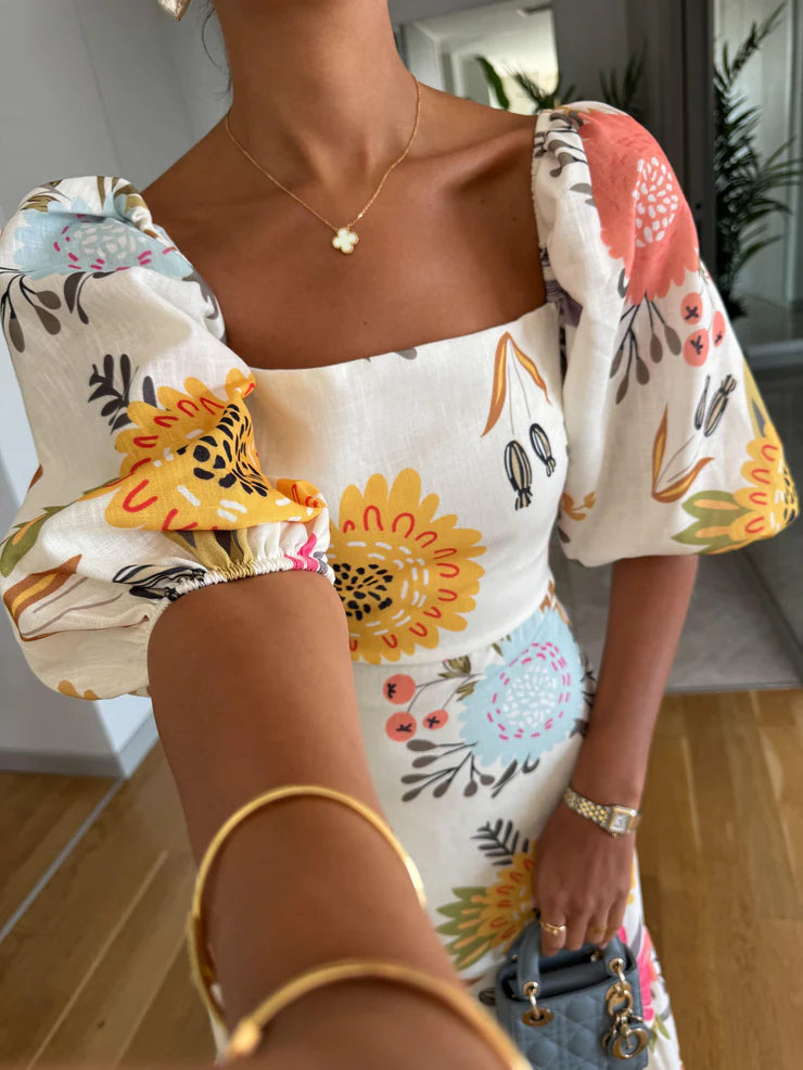 Square Neck Floral Print Puff Sleeve Midi Dress -yoostudio