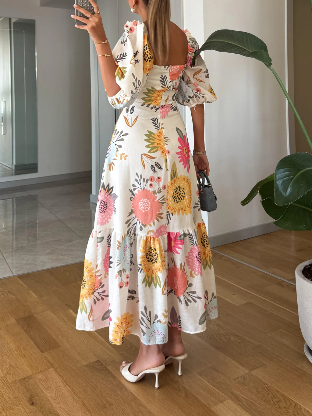 Square Neck Floral Print Puff Sleeve Midi Dress -yoostudio