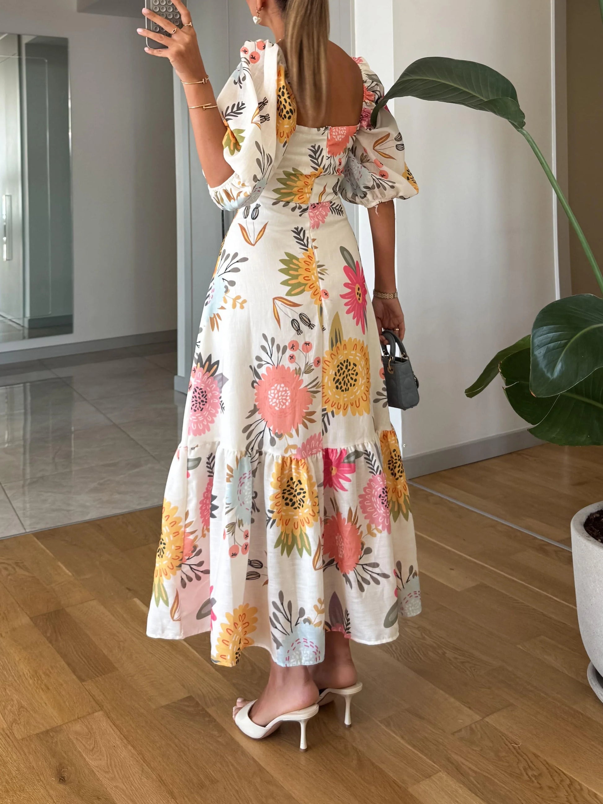 Square Neck Floral Print Puff Sleeve Midi Dress -yoostudio