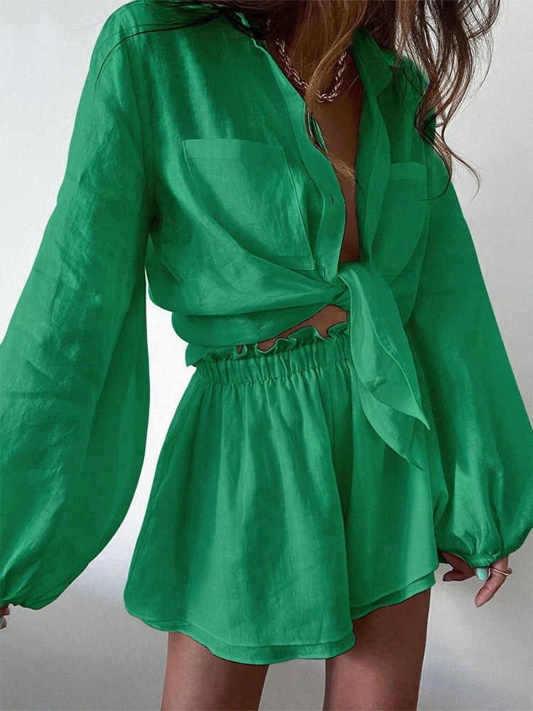 Balloon Sleeve Shirt Linen Two-Piece Shorts