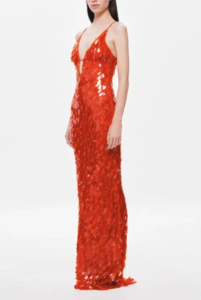 Low-cut hollow strap backless sequined dress