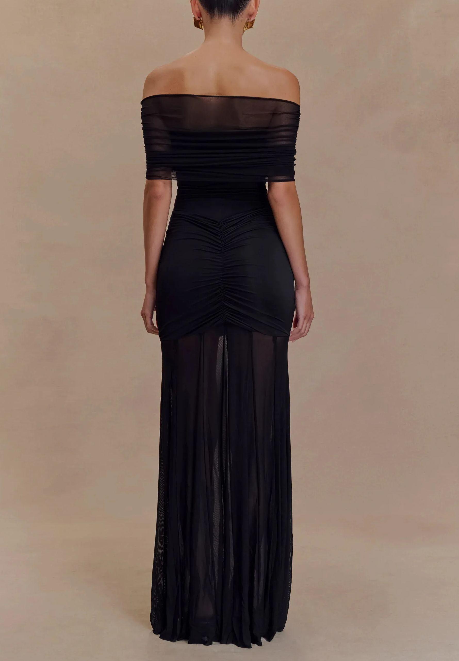 Caspian Slinky And Mesh Off Shoulder Maxi Dress